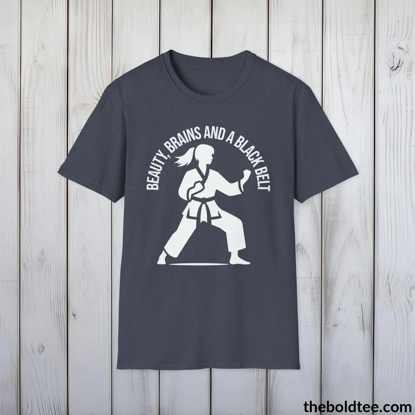 Beauty, Brains & Black Belt T-Shirt - Female Empowered Martial Arts Tee - Karate Shirt Gift for Her - Cotton Comfort in 9 Colors