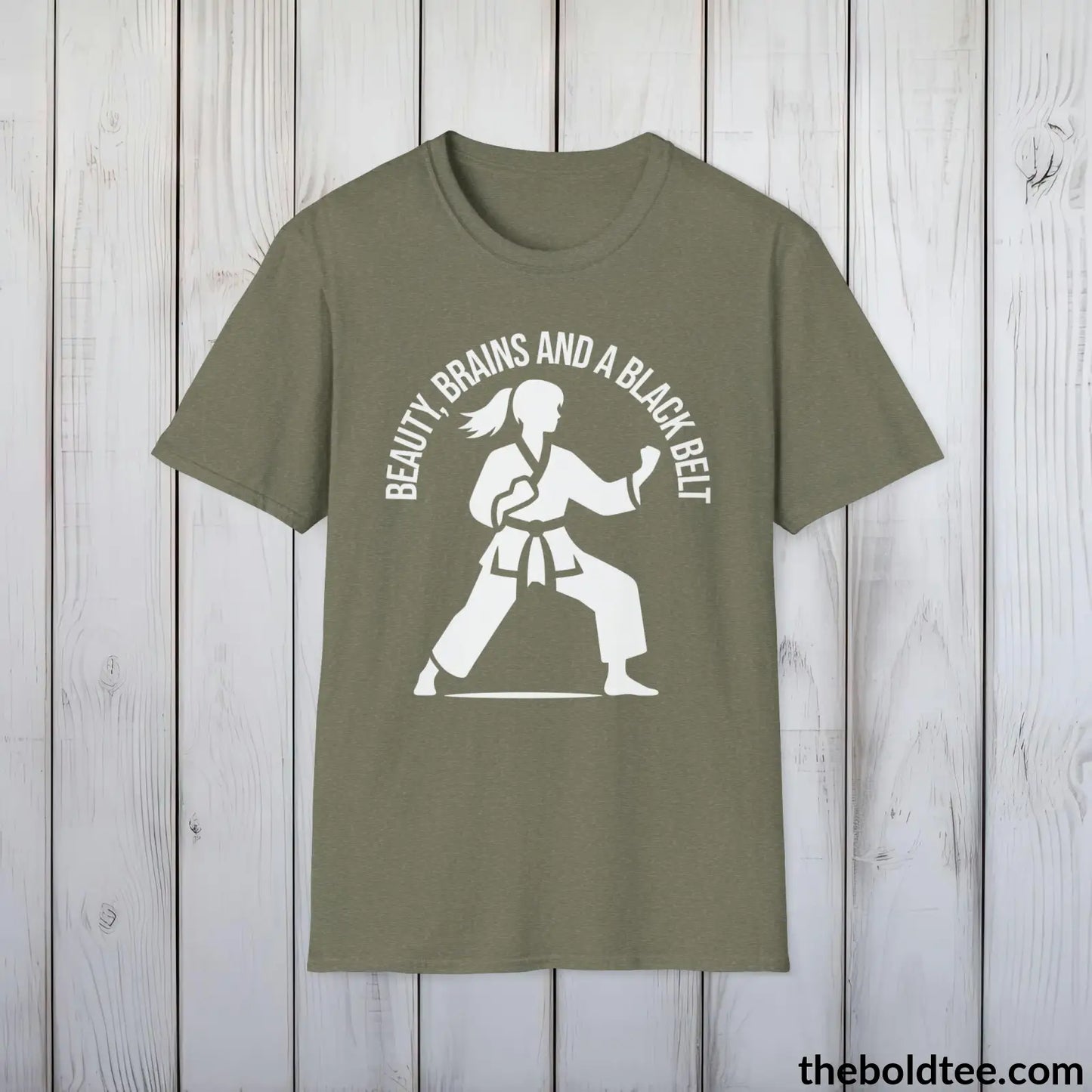 Beauty, Brains & Black Belt T-Shirt - Female Empowered Martial Arts Tee - Karate Shirt Gift for Her - Cotton Comfort in 9 Colors