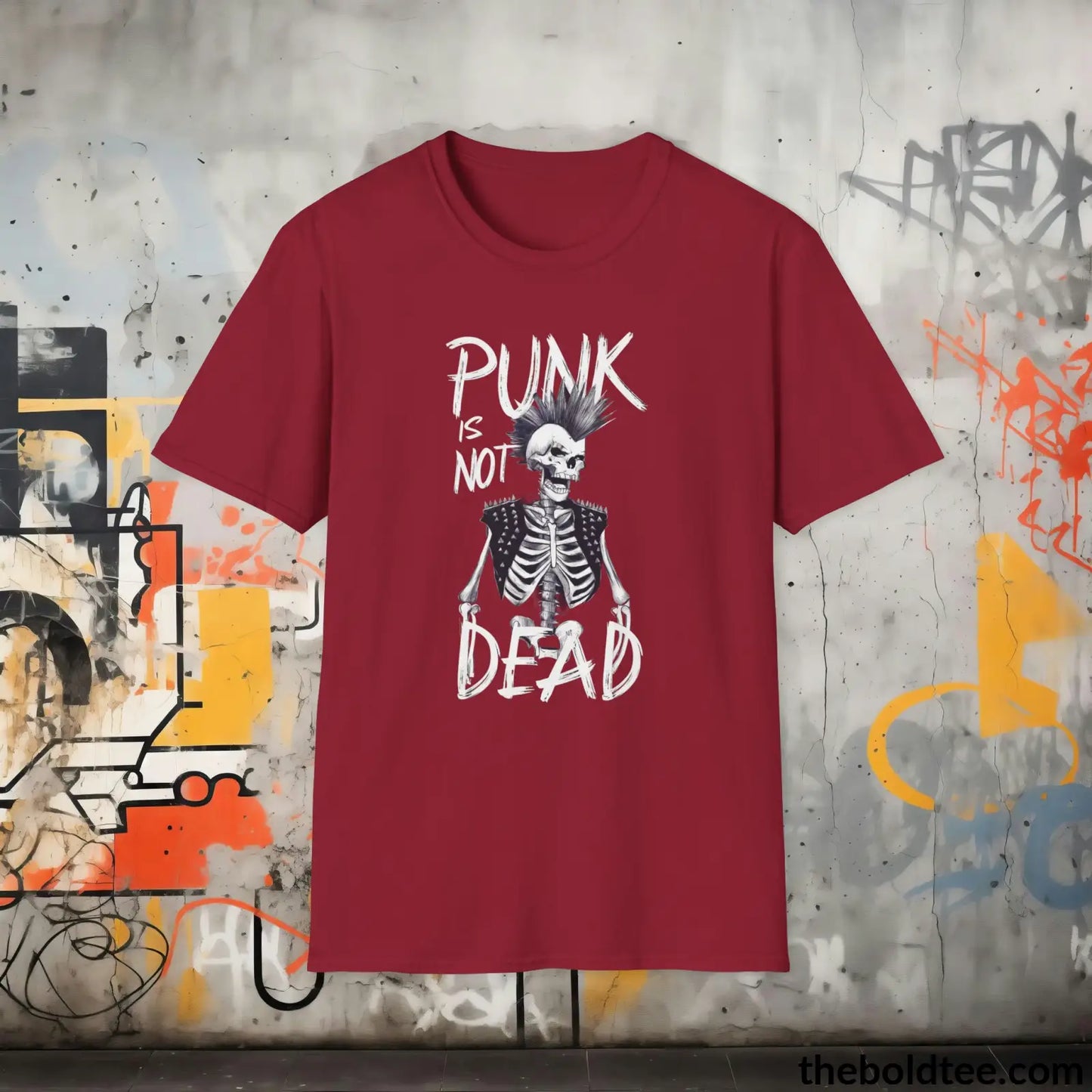 Edgy "Punk Is Not Dead" Cotton T-Shirt - Sassy, Sustainable & Soft Cotton Crewneck Tee - Funny Gift for Friends and Family - 8 Dark Colors