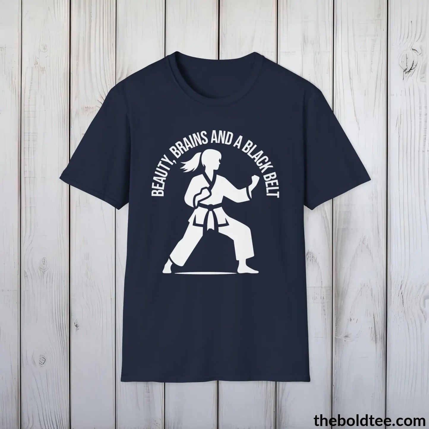 Beauty, Brains & Black Belt T-Shirt - Female Empowered Martial Arts Tee - Karate Shirt Gift for Her - Cotton Comfort in 9 Colors