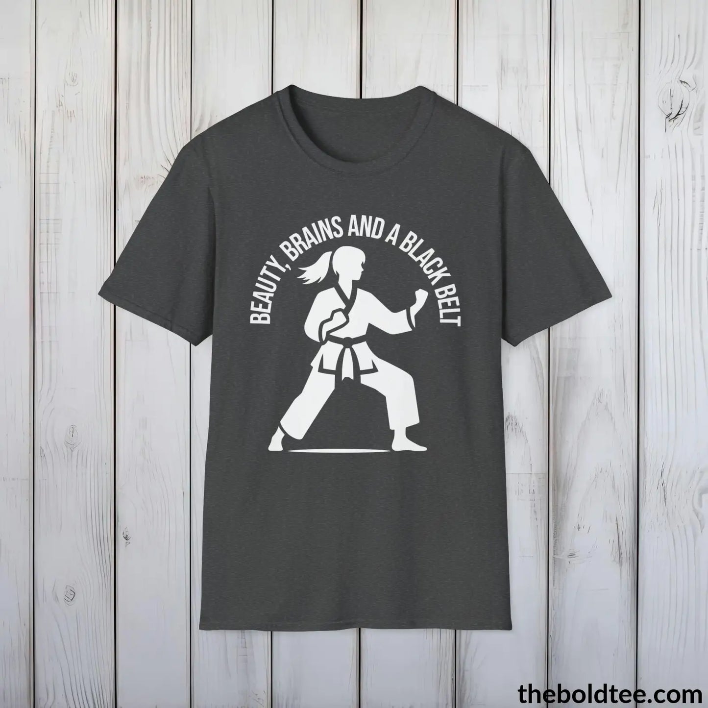 Beauty, Brains & Black Belt T-Shirt - Female Empowered Martial Arts Tee - Karate Shirt Gift for Her - Cotton Comfort in 9 Colors