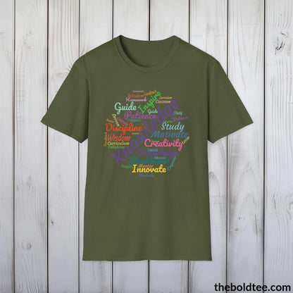 T-Shirt Military Green / S Teacher Word Art T-Shirt - Educator Classroom Creativity Vocabulary Unisex Tee - Pure Cotton Comfort Shirt Gift - 8 Stylish Trendy Colors