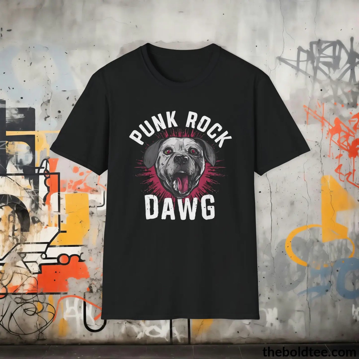 Edgy "Punk Rock Dawg" Cotton T-Shirt - Sassy, Sustainable & Soft Cotton Crewneck Tee - Iconic Gift for Friends and Family - 8 Dark Colors