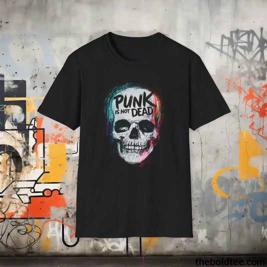 Edgy "Punk Is Not Dead" Cotton T-Shirt - Sassy, Sustainable & Soft Cotton Crewneck Tee - Funny Gift for Friends and Family - 8 Dark Colors