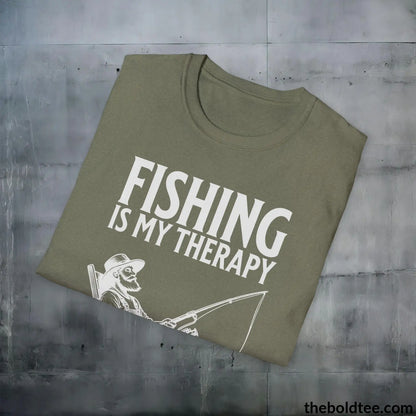 Fishing Is My Therapy T-Shirt - Premium Fishing Graphic Tee - Comfy Cotton Fisher Shirt - Fishing Gift For Fishermen - 9 Colors Available