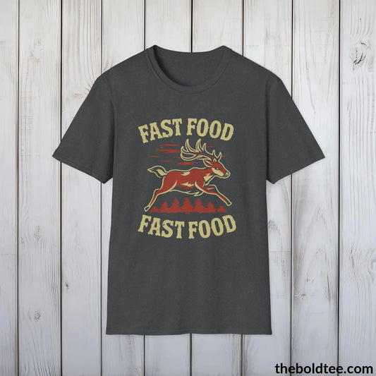 Fast Food Deer Hunter T-Shirt - Great Funny Gift for Outdoor Huntsman Adventurers - Ultimate Comfort in Green, Grey or Navy