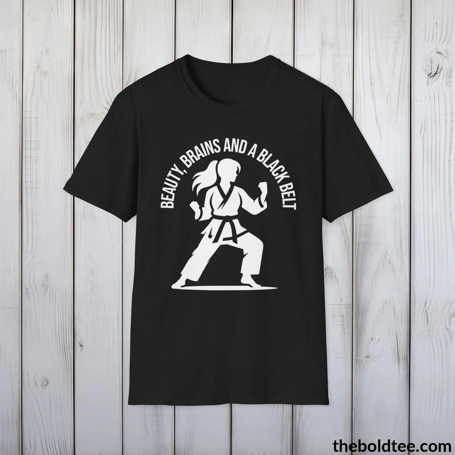 Beauty, Brains & Black Belt T-Shirt - Female Empowered Martial Arts Tee - Karate Shirt Gift for Her - Cotton Comfort in 9 Colors