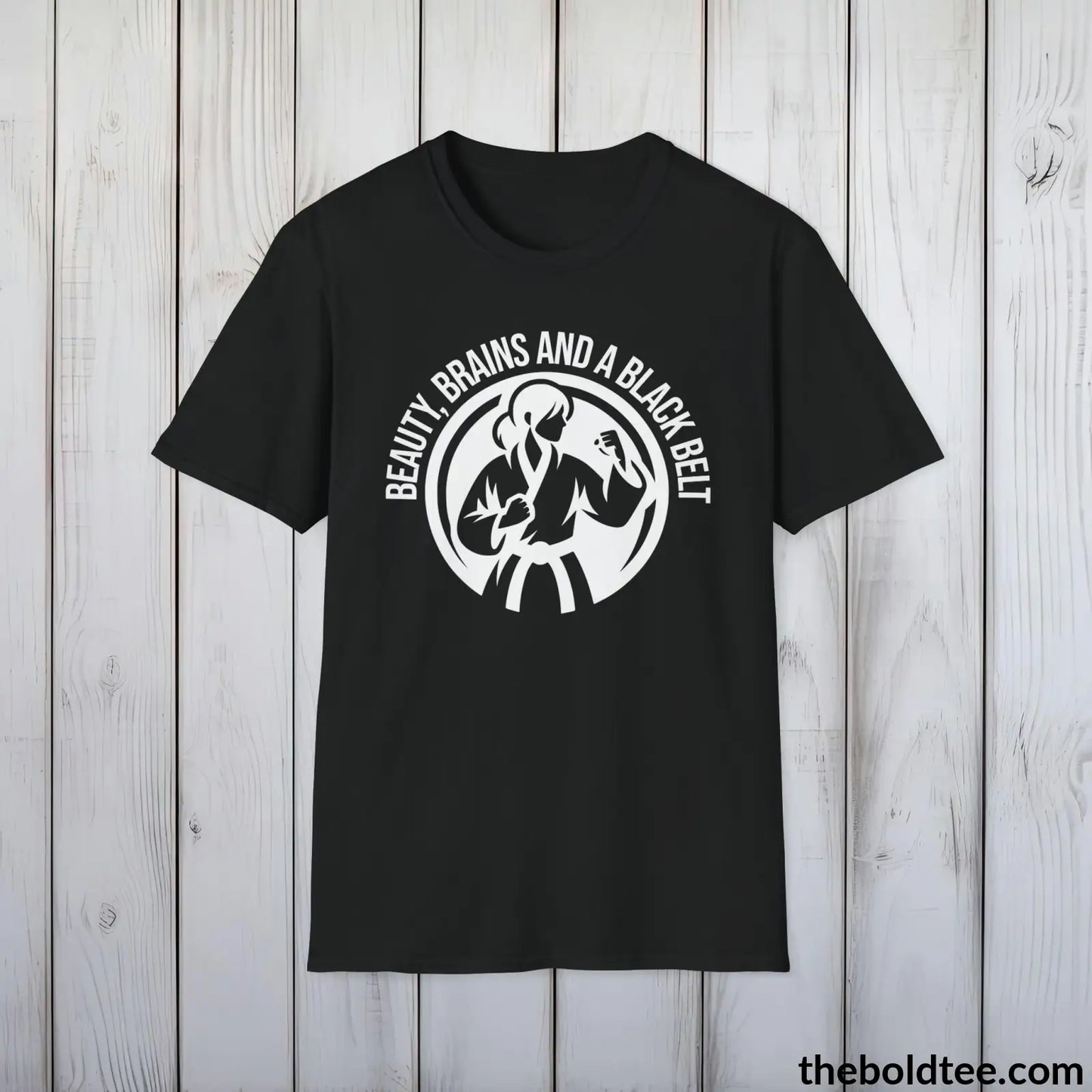 Beauty, Brains & Black Belt T-Shirt - Female Empowered Martial Arts Tee - Karate Shirt Gift for Her - Cotton Comfort in 9 Colors