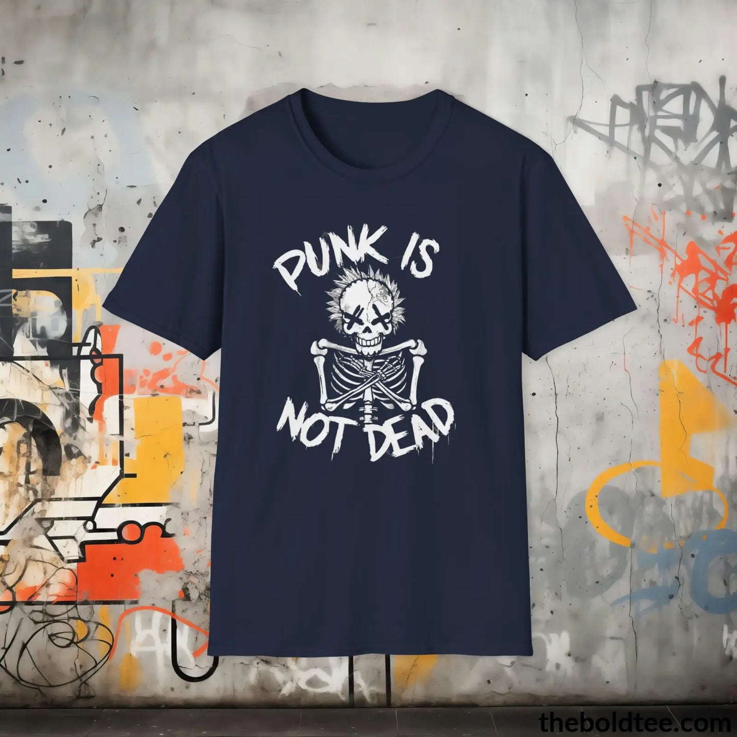 Edgy "Punk Is Not Dead" Cotton T-Shirt - Sassy, Sustainable & Soft Cotton Crewneck Tee - Funny Gift for Friends and Family - 8 Dark Colors