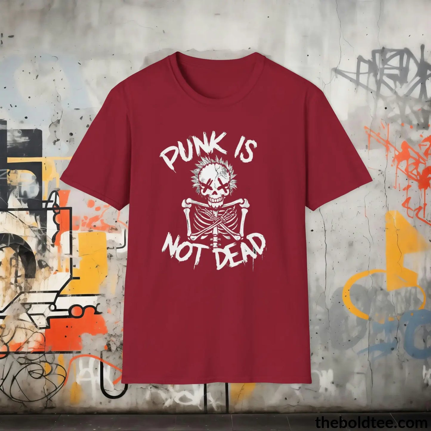 Edgy "Punk Is Not Dead" Cotton T-Shirt - Sassy, Sustainable & Soft Cotton Crewneck Tee - Funny Gift for Friends and Family - 8 Dark Colors