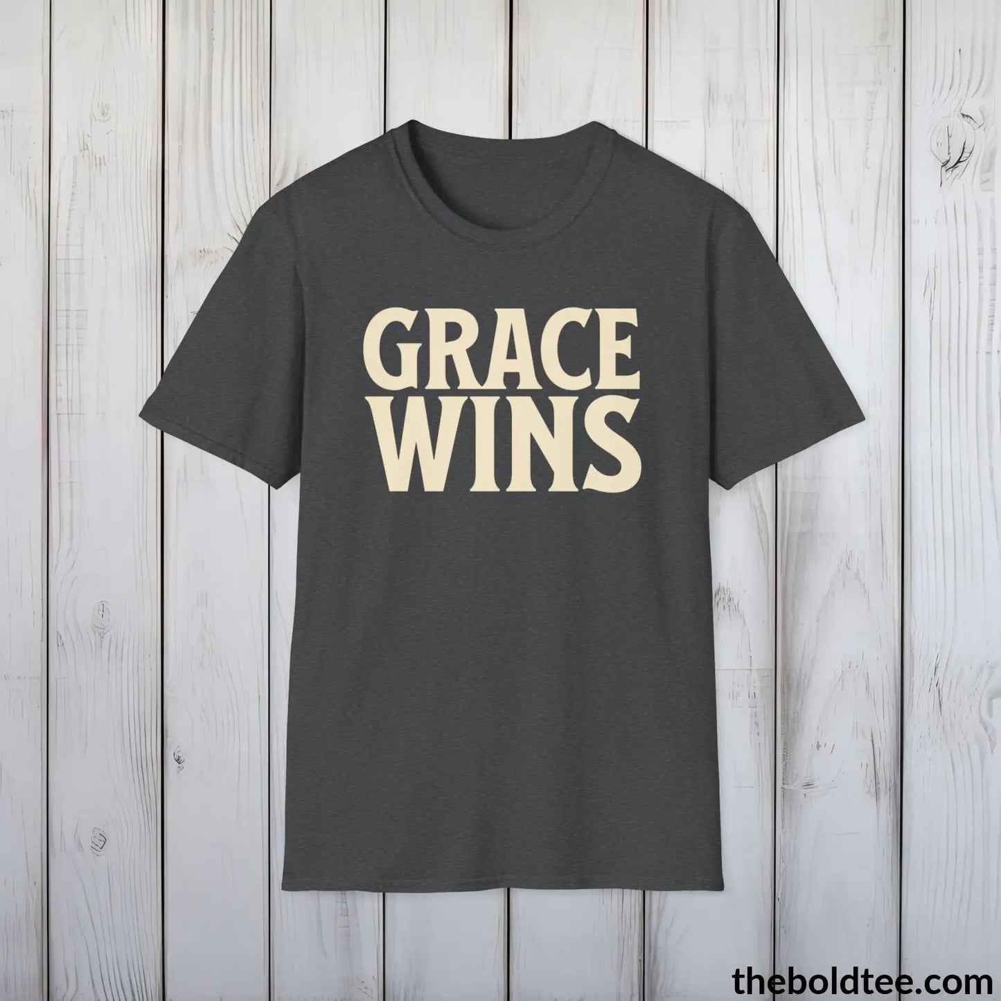 Grace Wins Christian T-Shirt - Inspirational, Casual Soft Cotton Crewneck Tee - Graceful Church Gift for Friends and Family - 8 Colors