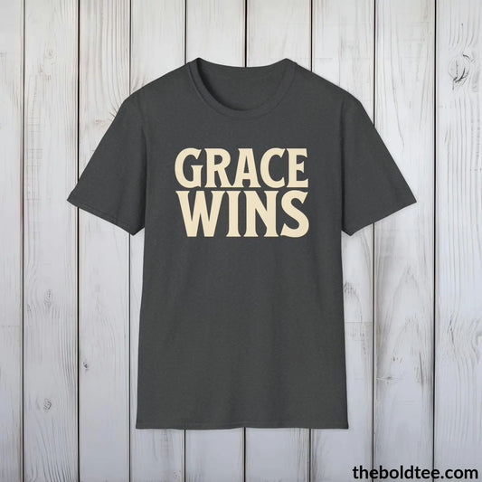 Grace Wins Christian T-Shirt - Inspirational, Casual Soft Cotton Crewneck Tee - Graceful Church Gift for Friends and Family - 8 Colors