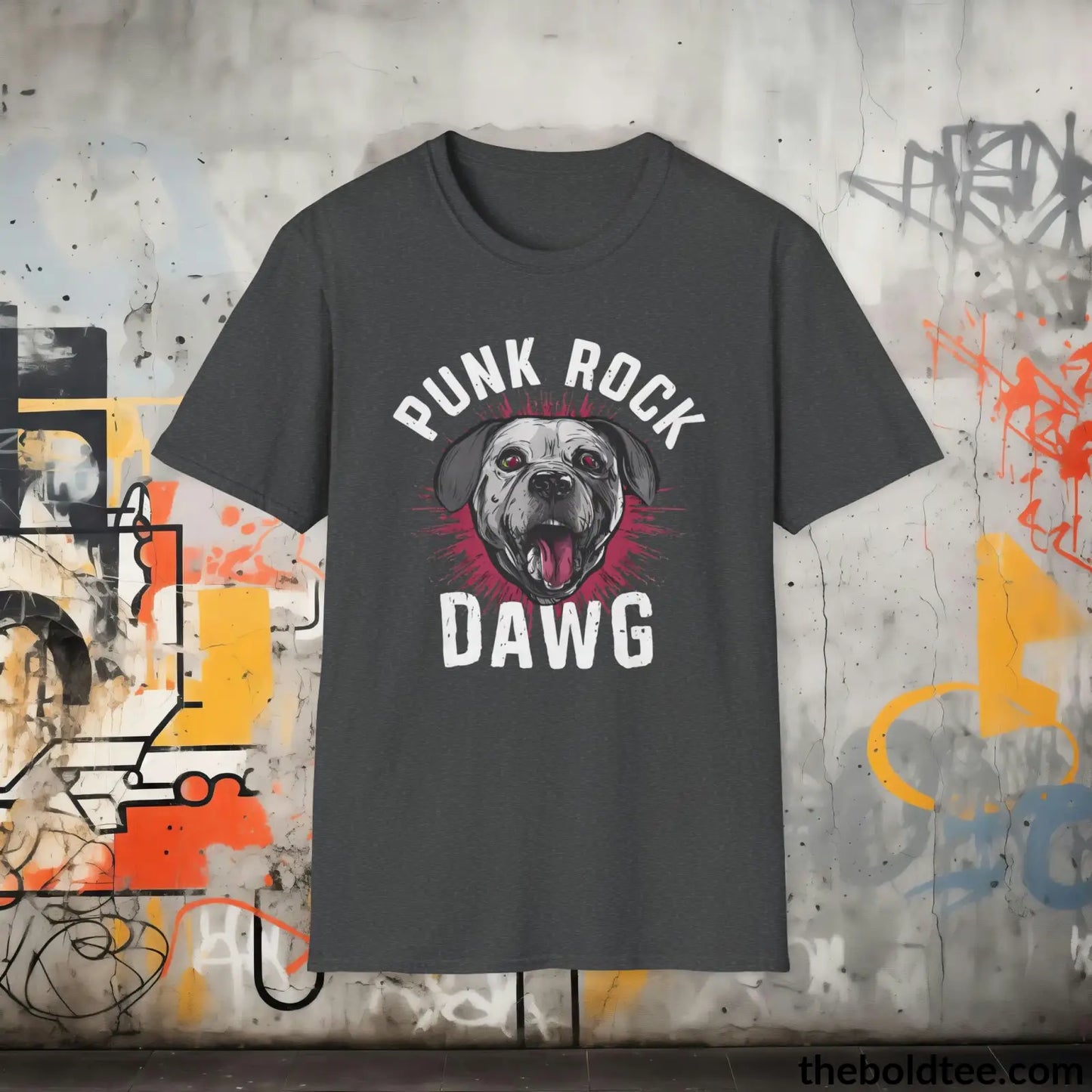 Edgy "Punk Rock Dawg" Cotton T-Shirt - Sassy, Sustainable & Soft Cotton Crewneck Tee - Iconic Gift for Friends and Family - 8 Dark Colors