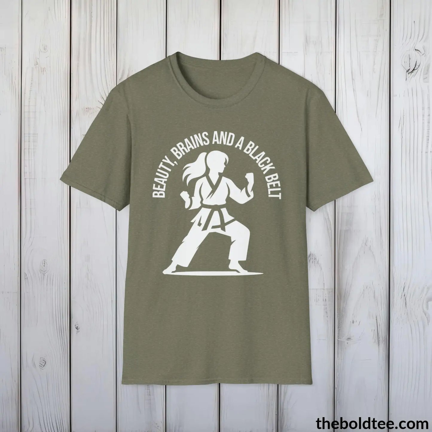 Beauty, Brains & Black Belt T-Shirt - Female Empowered Martial Arts Tee - Karate Shirt Gift for Her - Cotton Comfort in 9 Colors