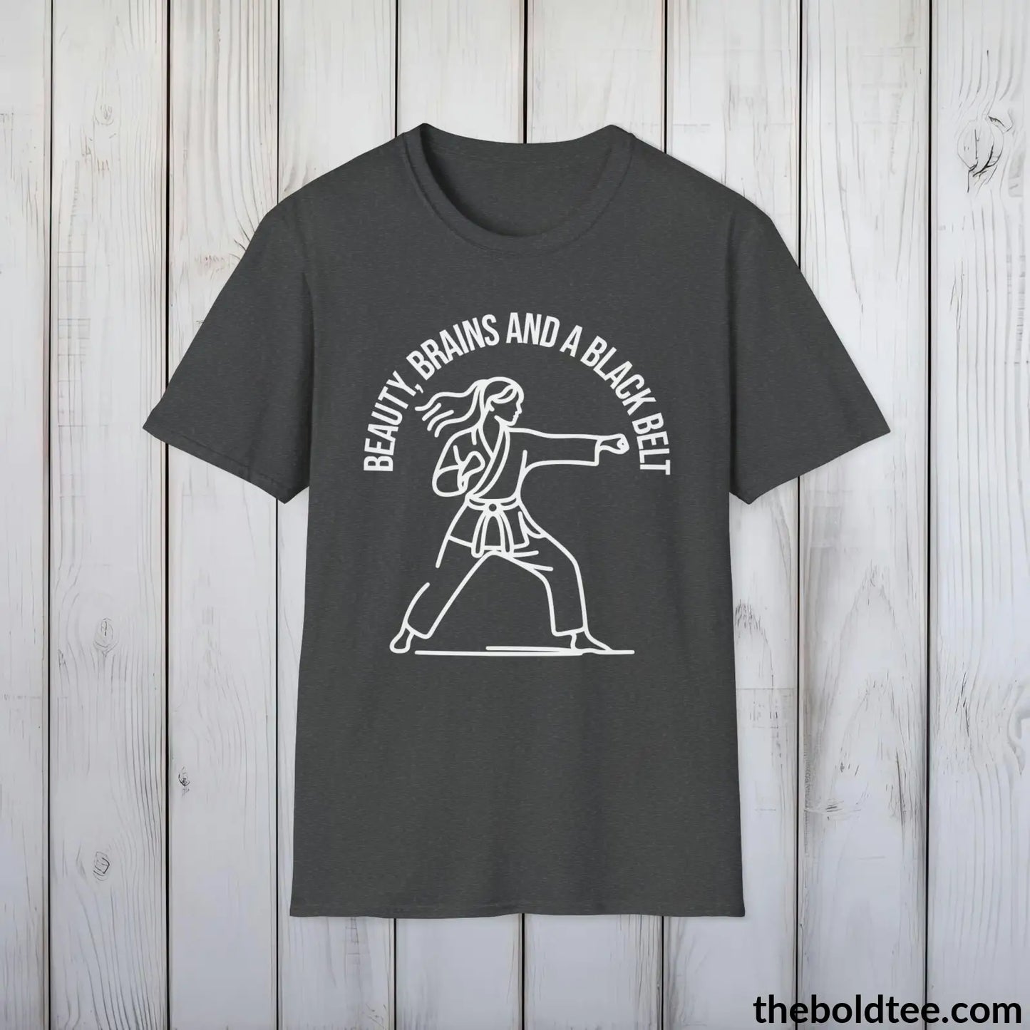 Beauty, Brains & Black Belt T-Shirt - Female Empowered Martial Arts Tee - Karate Shirt Gift for Her - Cotton Comfort in 9 Colors