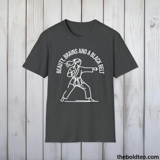 Beauty, Brains & Black Belt T-Shirt - Female Empowered Martial Arts Tee - Karate Shirt Gift for Her - Cotton Comfort in 9 Colors