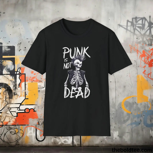 Edgy "Punk Is Not Dead" Cotton T-Shirt - Sassy, Sustainable & Soft Cotton Crewneck Tee - Funny Gift for Friends and Family - 8 Dark Colors