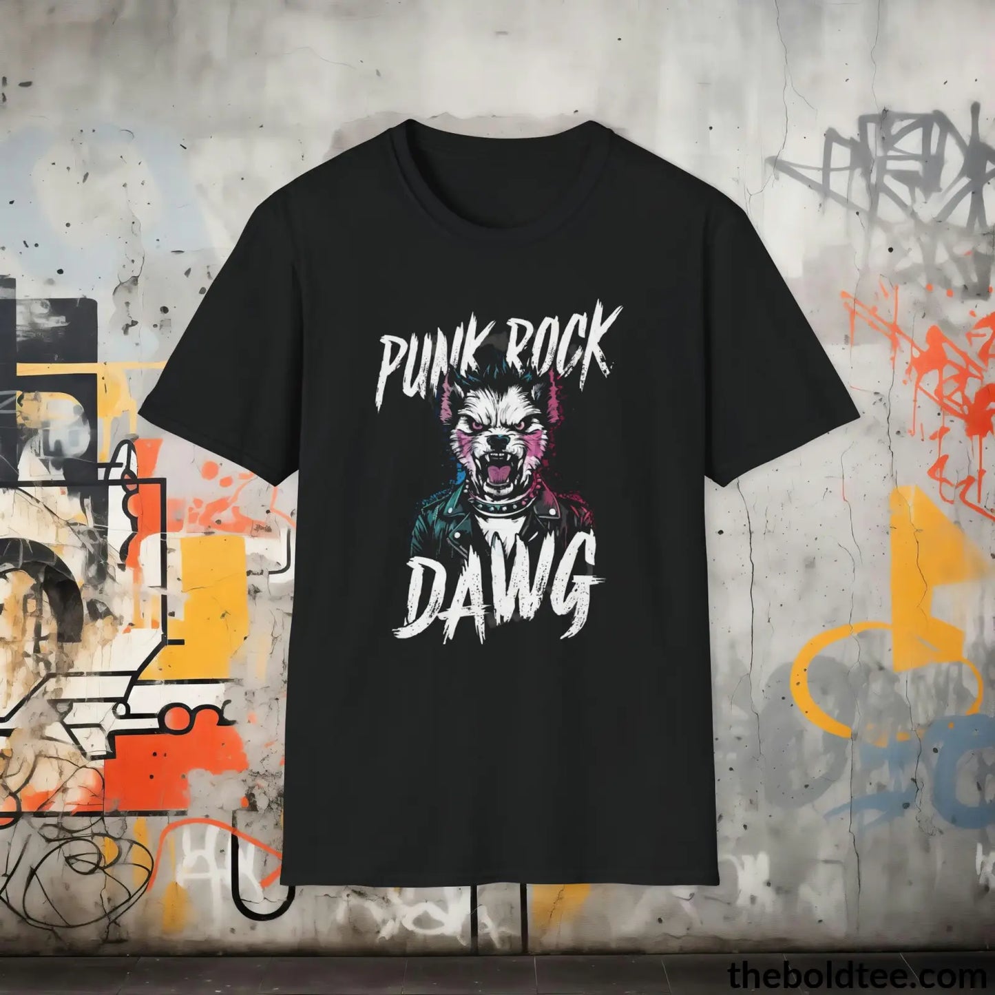 Edgy "Punk Rock Dawg" Cotton T-Shirt - Sassy, Sustainable & Soft Cotton Crewneck Tee - Iconic Gift for Friends and Family - 8 Dark Colors