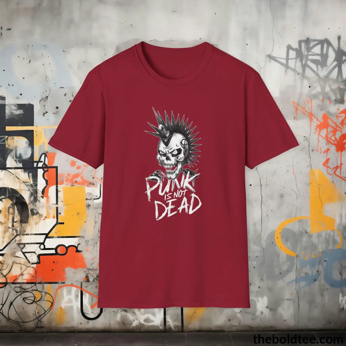 Edgy "Punk Is Not Dead" Cotton T-Shirt - Sassy, Sustainable & Soft Cotton Crewneck Tee - Funny Gift for Friends and Family - 8 Dark Colors