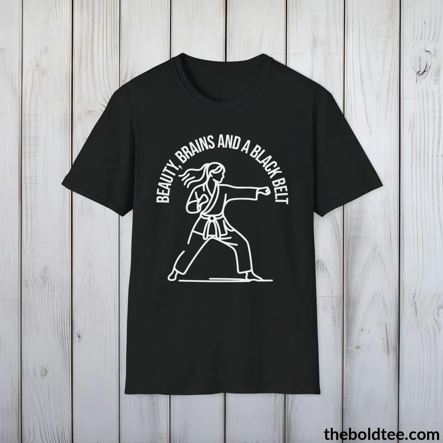 Beauty, Brains & Black Belt T-Shirt - Female Empowered Martial Arts Tee - Karate Shirt Gift for Her - Cotton Comfort in 9 Colors