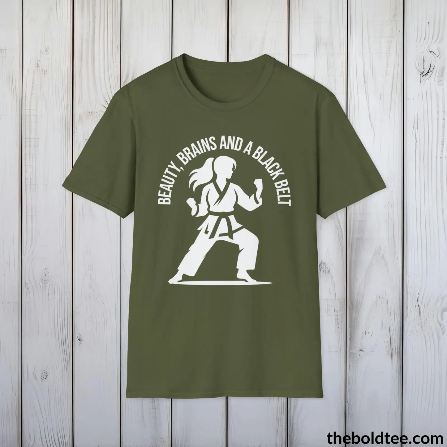 Beauty, Brains & Black Belt T-Shirt - Female Empowered Martial Arts Tee - Karate Shirt Gift for Her - Cotton Comfort in 9 Colors