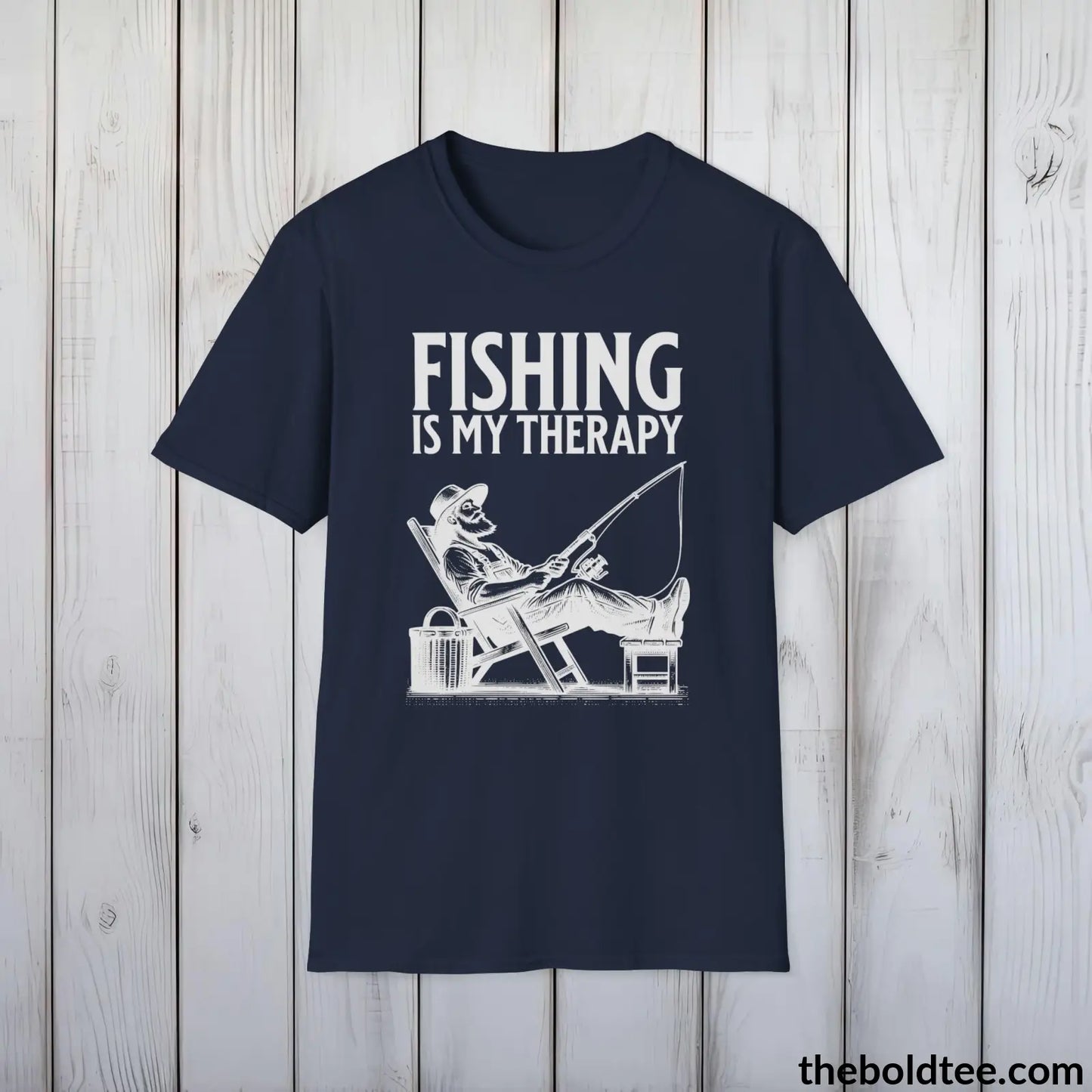 Fishing Is My Therapy T-Shirt - Premium Fishing Graphic Tee - Comfy Cotton Fisher Shirt - Fishing Gift For Fishermen - 9 Colors Available