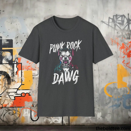 Edgy "Punk Rock Dawg" Cotton T-Shirt - Sassy, Sustainable & Soft Cotton Crewneck Tee - Iconic Gift for Friends and Family - 8 Dark Colors