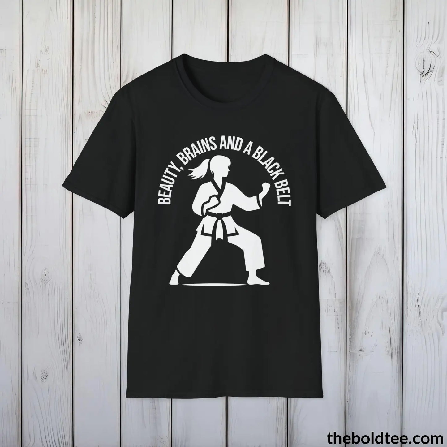 Beauty, Brains & Black Belt T-Shirt - Female Empowered Martial Arts Tee - Karate Shirt Gift for Her - Cotton Comfort in 9 Colors