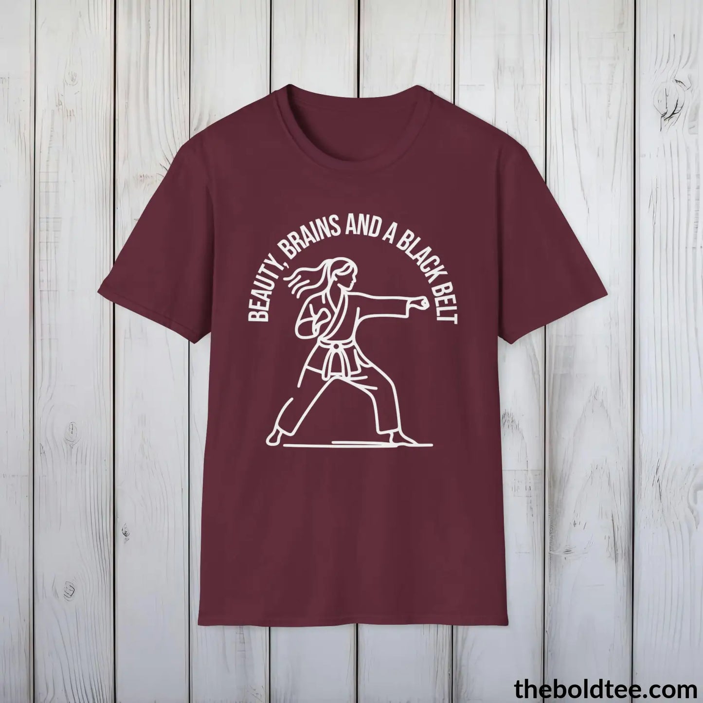 Beauty, Brains & Black Belt T-Shirt - Female Empowered Martial Arts Tee - Karate Shirt Gift for Her - Cotton Comfort in 9 Colors