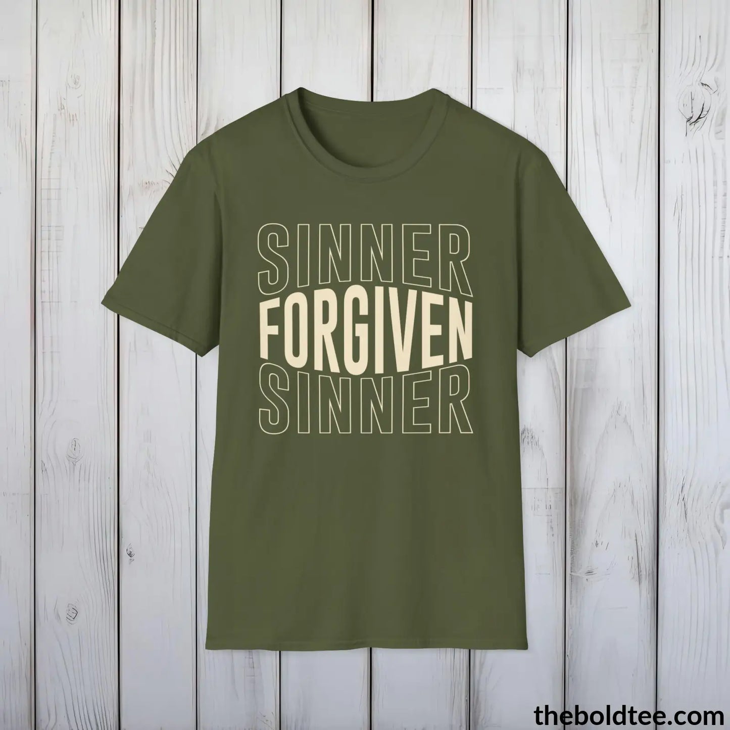 Forgiven Sinner Christian T-Shirt - Inspirational, Casual Soft Cotton Crewneck Tee - Graceful Church Gift for Friends and Family - 8 Colors