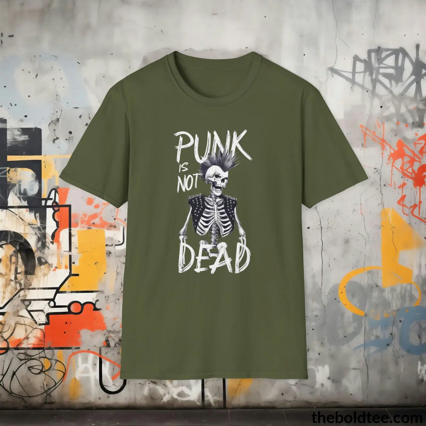 Edgy "Punk Is Not Dead" Cotton T-Shirt - Sassy, Sustainable & Soft Cotton Crewneck Tee - Funny Gift for Friends and Family - 8 Dark Colors