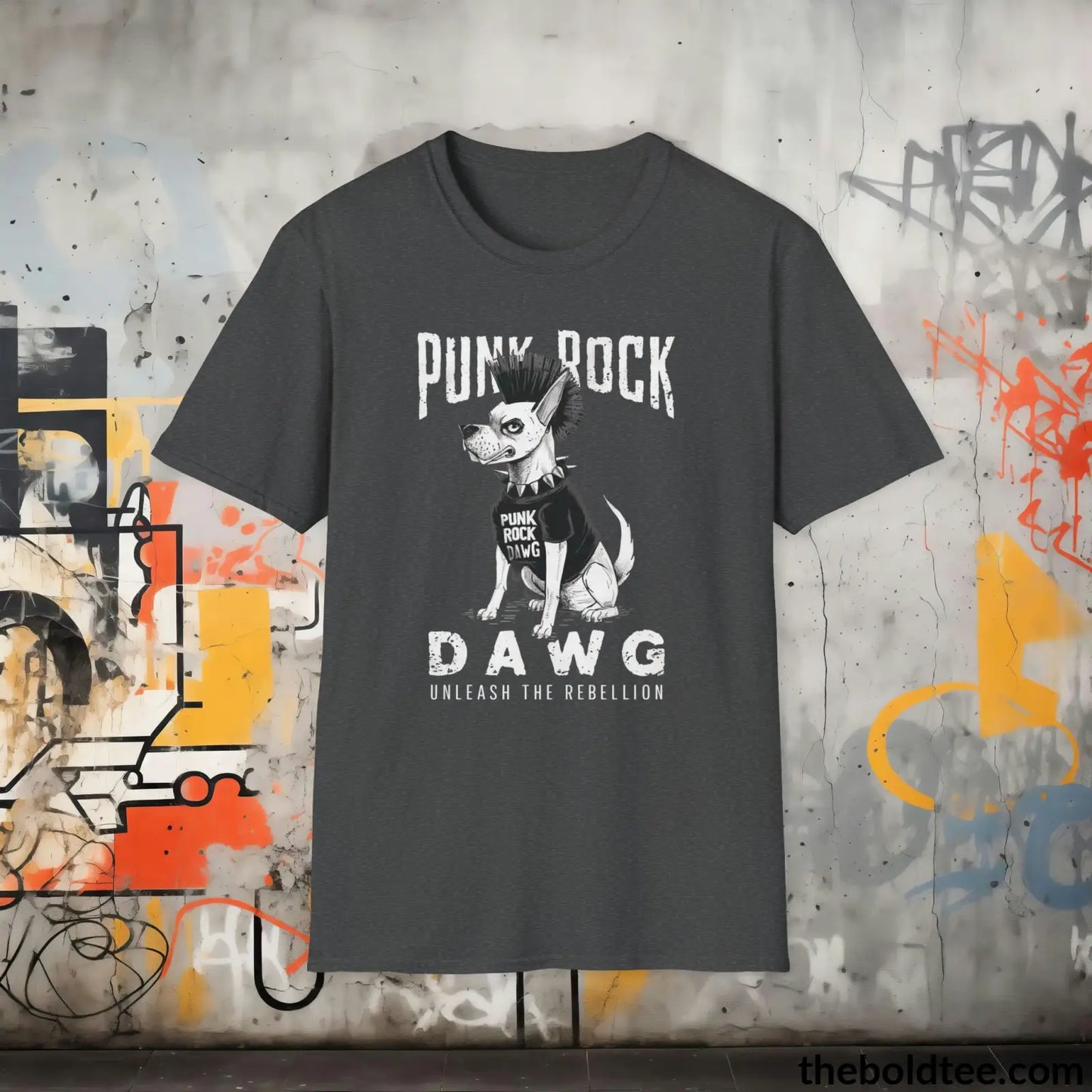 Edgy "Punk Rock Dawg" Cotton T-Shirt - Sassy, Sustainable & Soft Cotton Crewneck Tee - Iconic Gift for Friends and Family - 8 Dark Colors