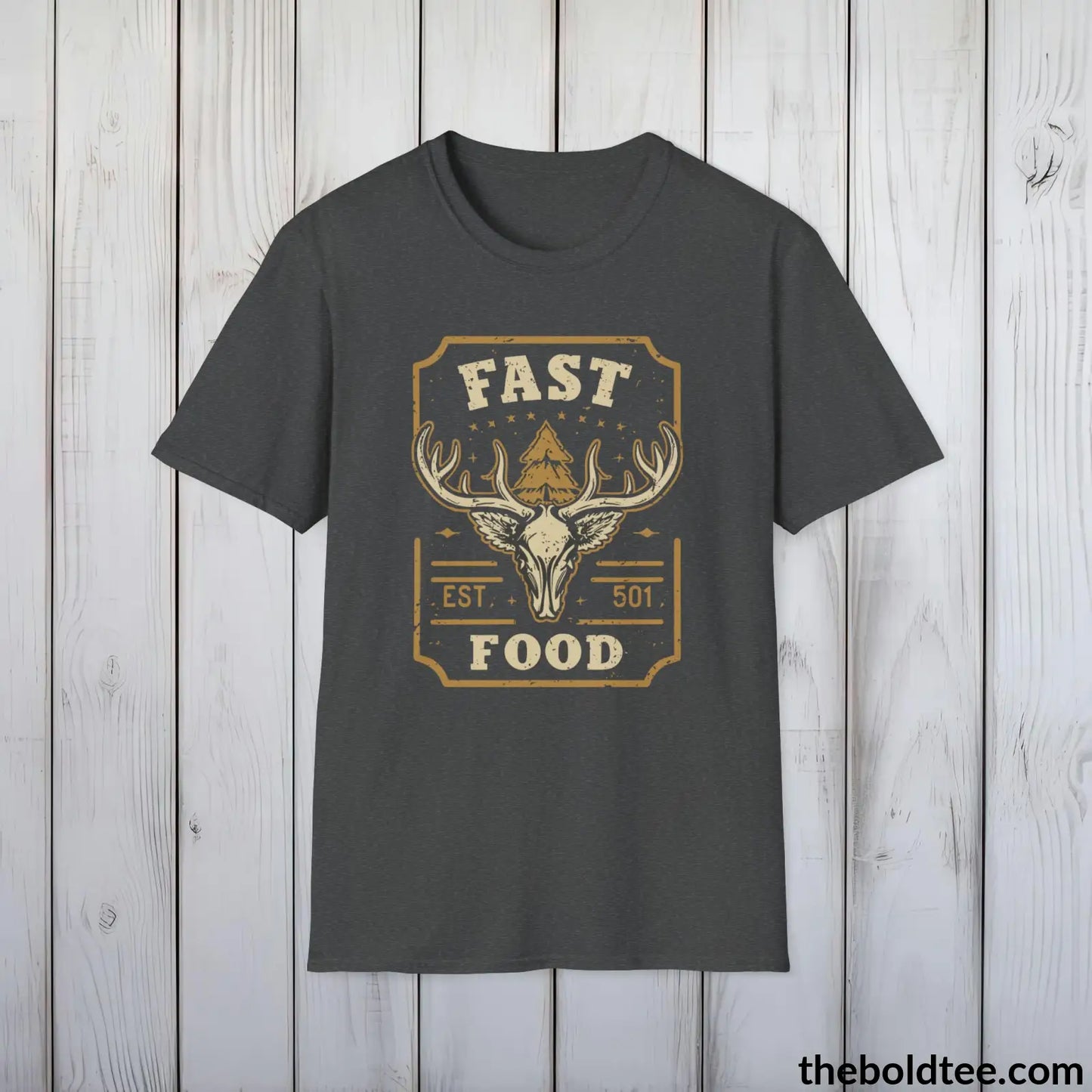 Fast Food Deer Hunter T-Shirt - Great Funny Gift for Outdoor Huntsman Adventurers - Ultimate Comfort in Green, Grey or Navy