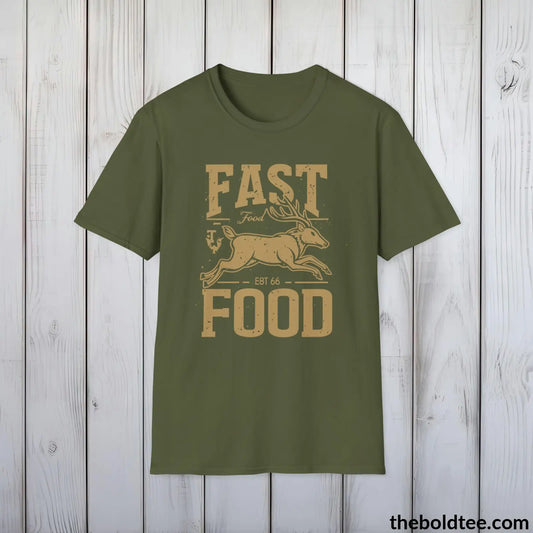 Fast Food Deer Hunter T-Shirt - Great Funny Gift for Outdoor Huntsman Adventurers - Ultimate Comfort in Green, Grey or Navy