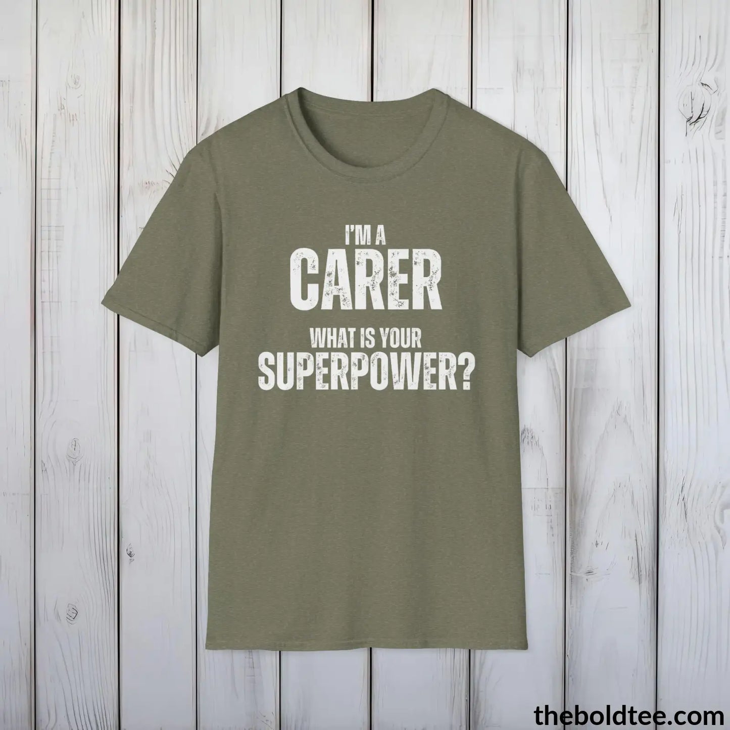 CARER Superpower Tee - Casual, Sustainable & Soft Cotton Crewneck Unisex T-Shirt - in 9 Bold Colors