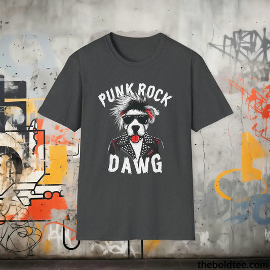 Edgy "Punk Rock Dawg" Cotton T-Shirt - Sassy, Sustainable & Soft Cotton Crewneck Tee - Iconic Gift for Friends and Family - 8 Dark Colors