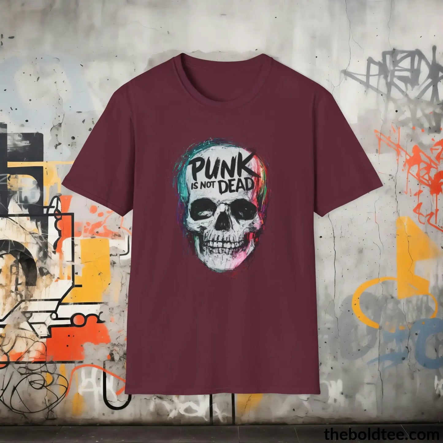 Edgy "Punk Is Not Dead" Cotton T-Shirt - Sassy, Sustainable & Soft Cotton Crewneck Tee - Funny Gift for Friends and Family - 8 Dark Colors