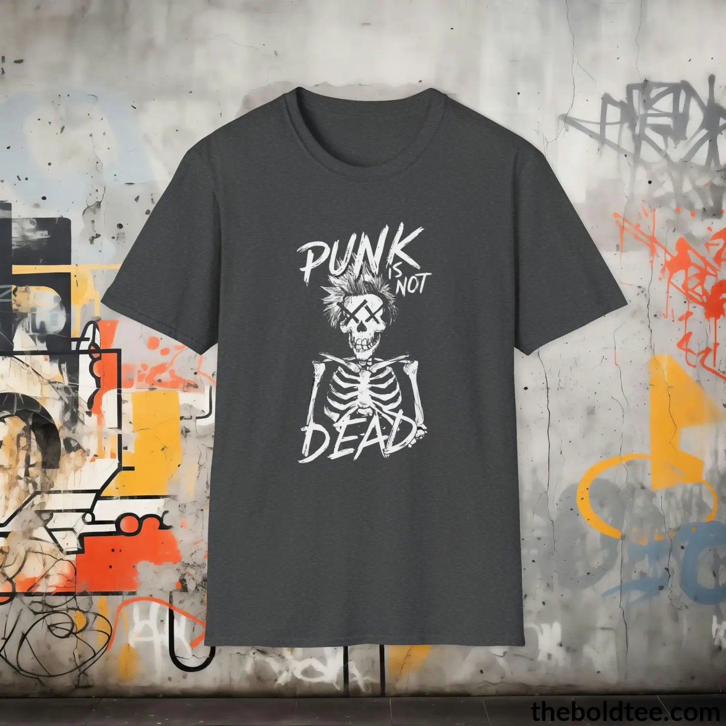 Edgy "Punk Is Not Dead" Cotton T-Shirt - Sassy, Sustainable & Soft Cotton Crewneck Tee - Funny Gift for Friends and Family - 8 Dark Colors