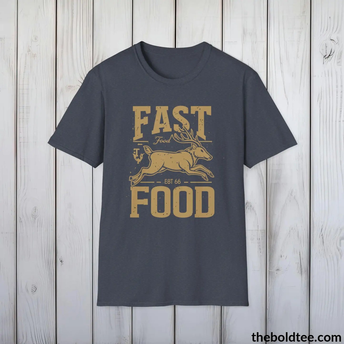 Fast Food Deer Hunter T-Shirt - Great Funny Gift for Outdoor Huntsman Adventurers - Ultimate Comfort in Green, Grey or Navy