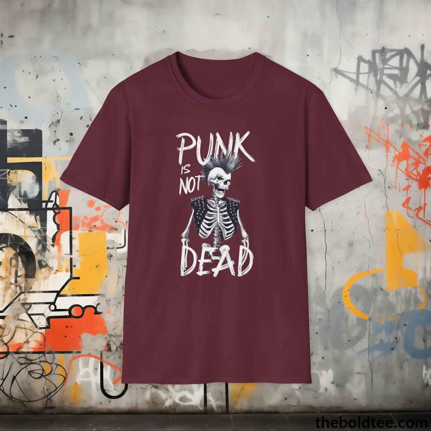 Edgy "Punk Is Not Dead" Cotton T-Shirt - Sassy, Sustainable & Soft Cotton Crewneck Tee - Funny Gift for Friends and Family - 8 Dark Colors