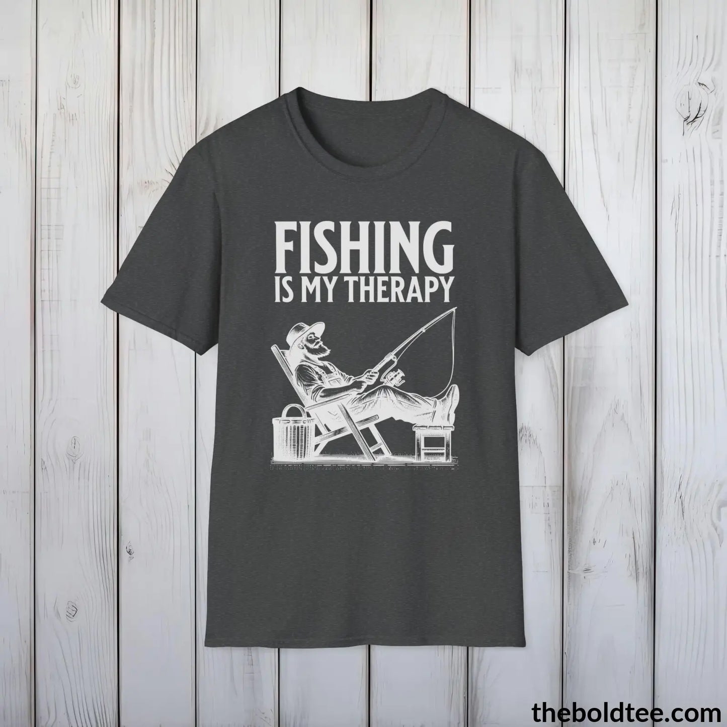 Fishing Is My Therapy T-Shirt - Premium Fishing Graphic Tee - Comfy Cotton Fisher Shirt - Fishing Gift For Fishermen - 9 Colors Available