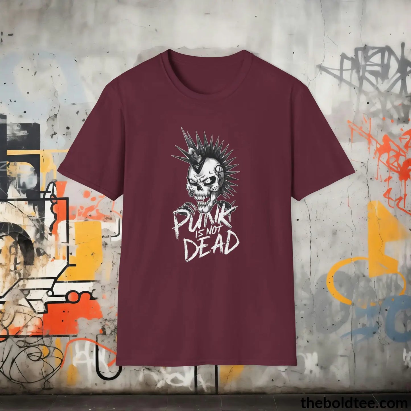 Edgy "Punk Is Not Dead" Cotton T-Shirt - Sassy, Sustainable & Soft Cotton Crewneck Tee - Funny Gift for Friends and Family - 8 Dark Colors