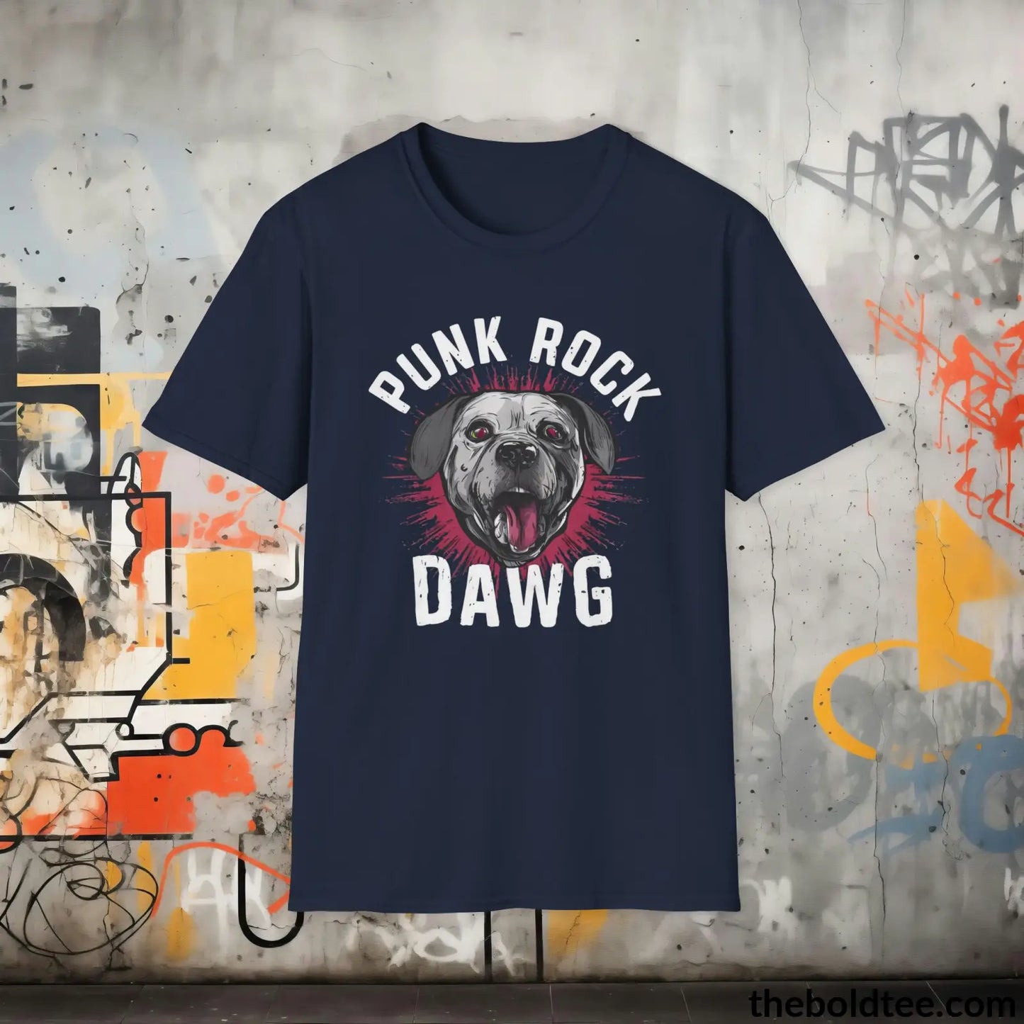 Edgy "Punk Rock Dawg" Cotton T-Shirt - Sassy, Sustainable & Soft Cotton Crewneck Tee - Iconic Gift for Friends and Family - 8 Dark Colors