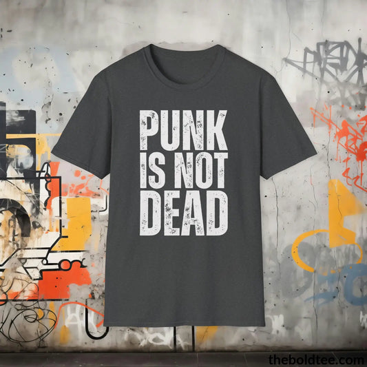 Edgy "Punk Is Not Dead" Cotton T-Shirt - Sassy, Sustainable & Soft Cotton Crewneck Tee - Funny Gift for Friends and Family - 8 Dark Colors