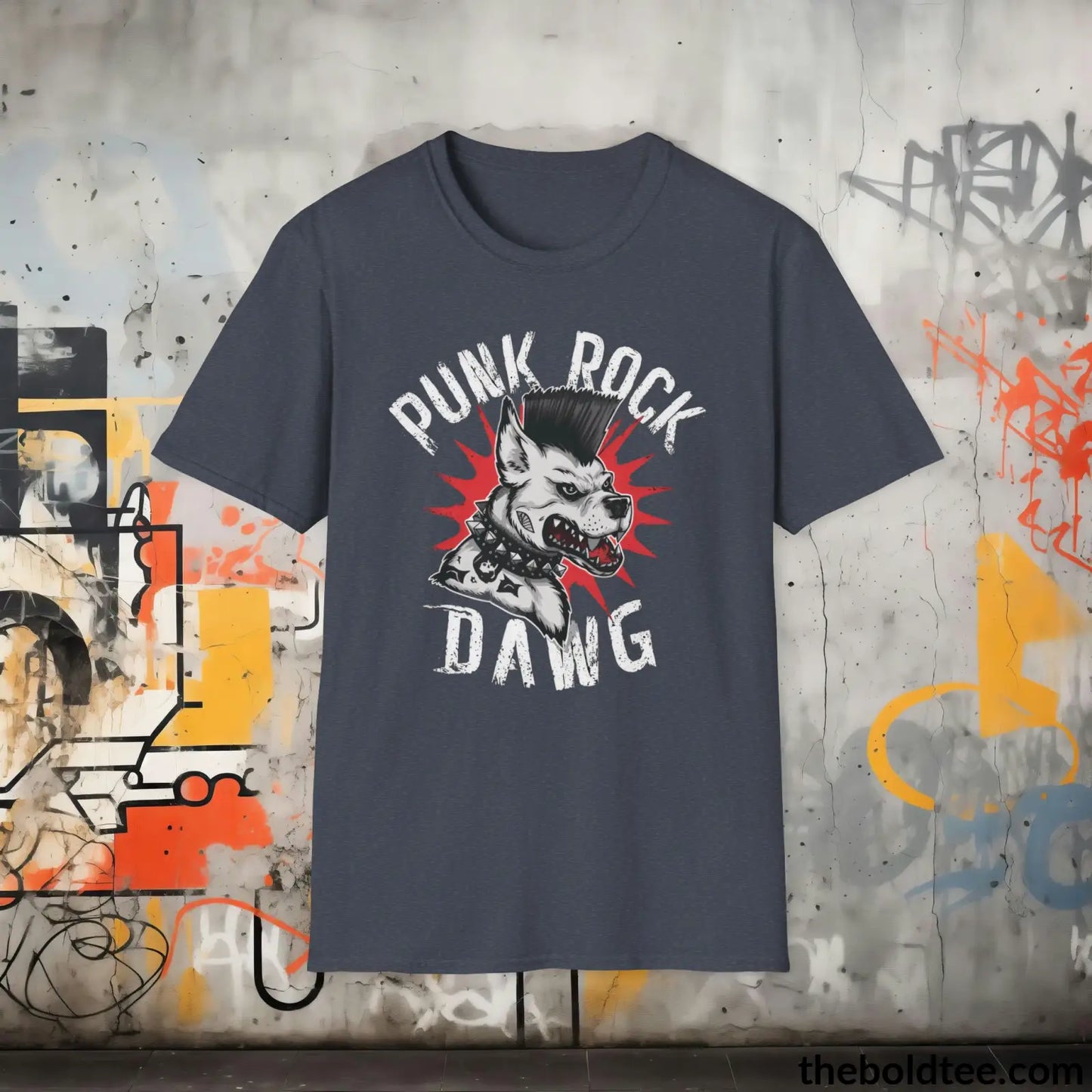 Edgy "Punk Rock Dawg" Cotton T-Shirt - Sassy, Sustainable & Soft Cotton Crewneck Tee - Iconic Gift for Friends and Family - 8 Dark Colors