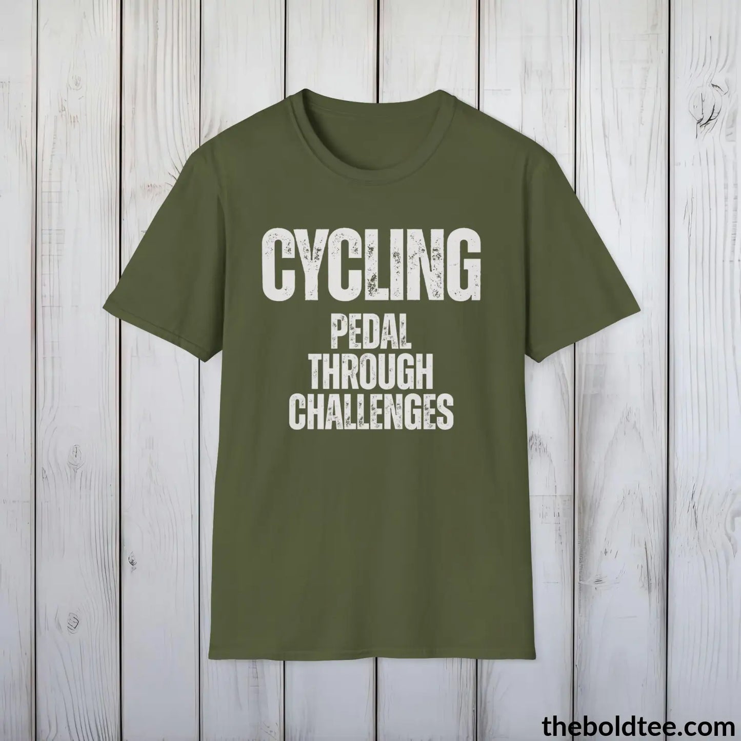 Cycling: Pedal Through Challenges Tee - Bold, Inspirational Sports Cotton T-Shirt - Thoughtful Sport Gift for Friends and Family - 9 Colors Available