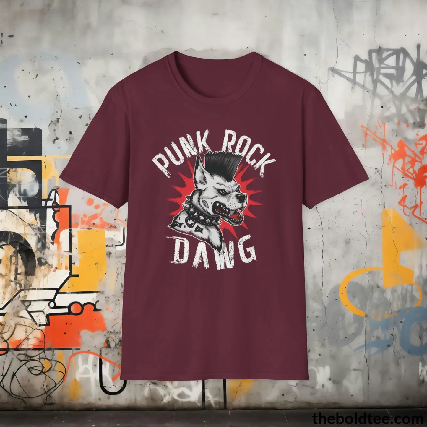 Edgy "Punk Rock Dawg" Cotton T-Shirt - Sassy, Sustainable & Soft Cotton Crewneck Tee - Iconic Gift for Friends and Family - 8 Dark Colors