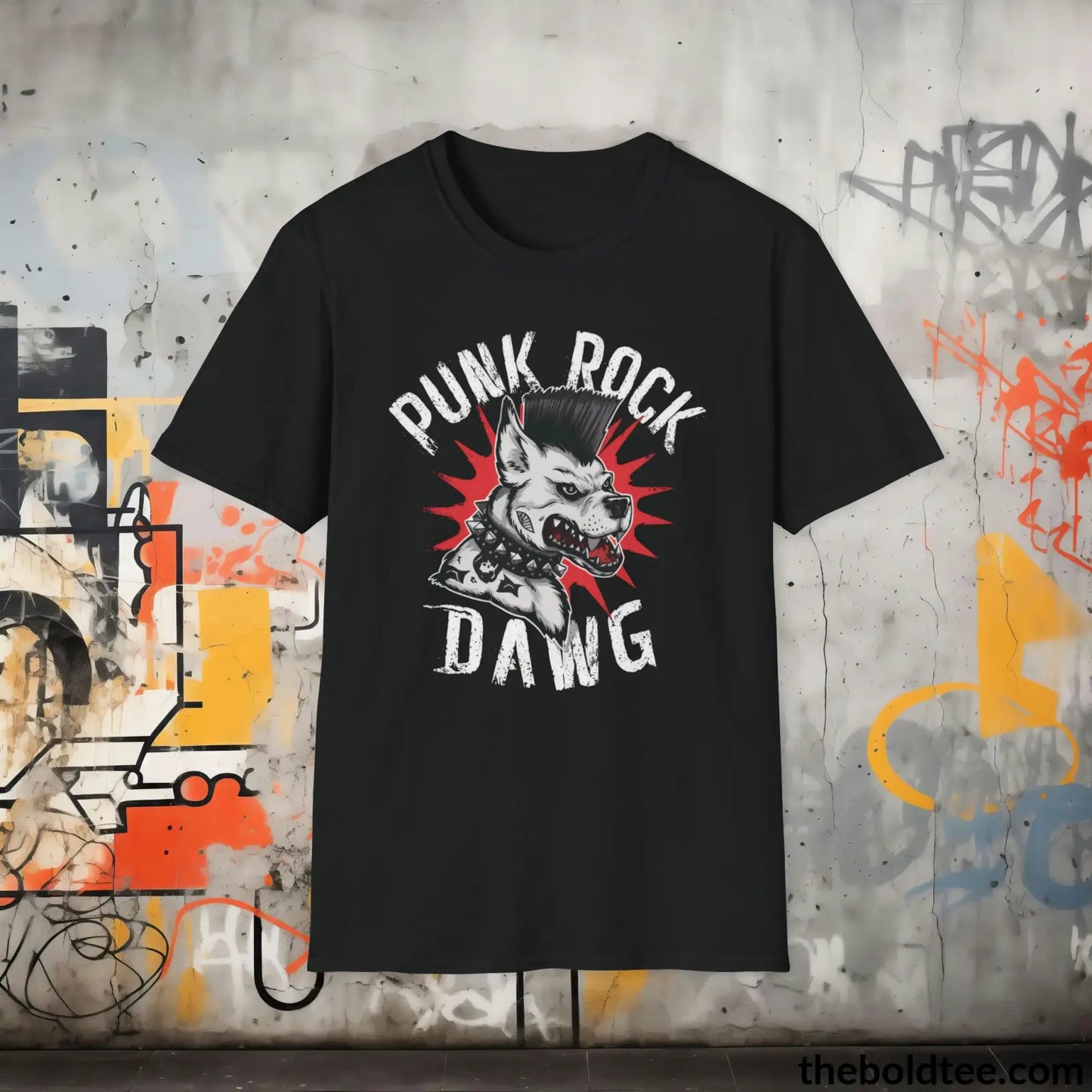 Edgy "Punk Rock Dawg" Cotton T-Shirt - Sassy, Sustainable & Soft Cotton Crewneck Tee - Iconic Gift for Friends and Family - 8 Dark Colors