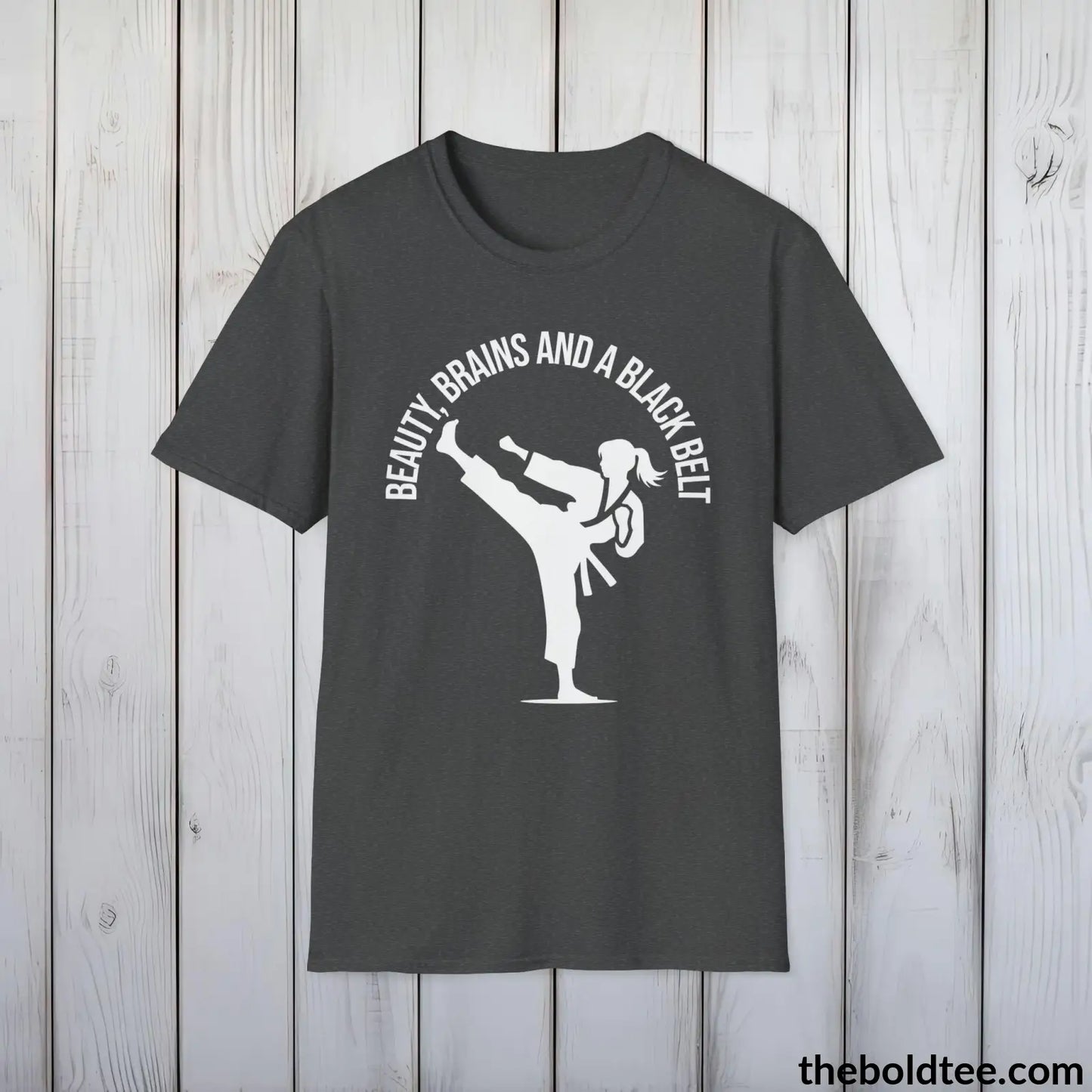 Beauty, Brains & Black Belt T-Shirt - Female Empowered Martial Arts Tee - Karate Shirt Gift for Her - Cotton Comfort in 9 Colors