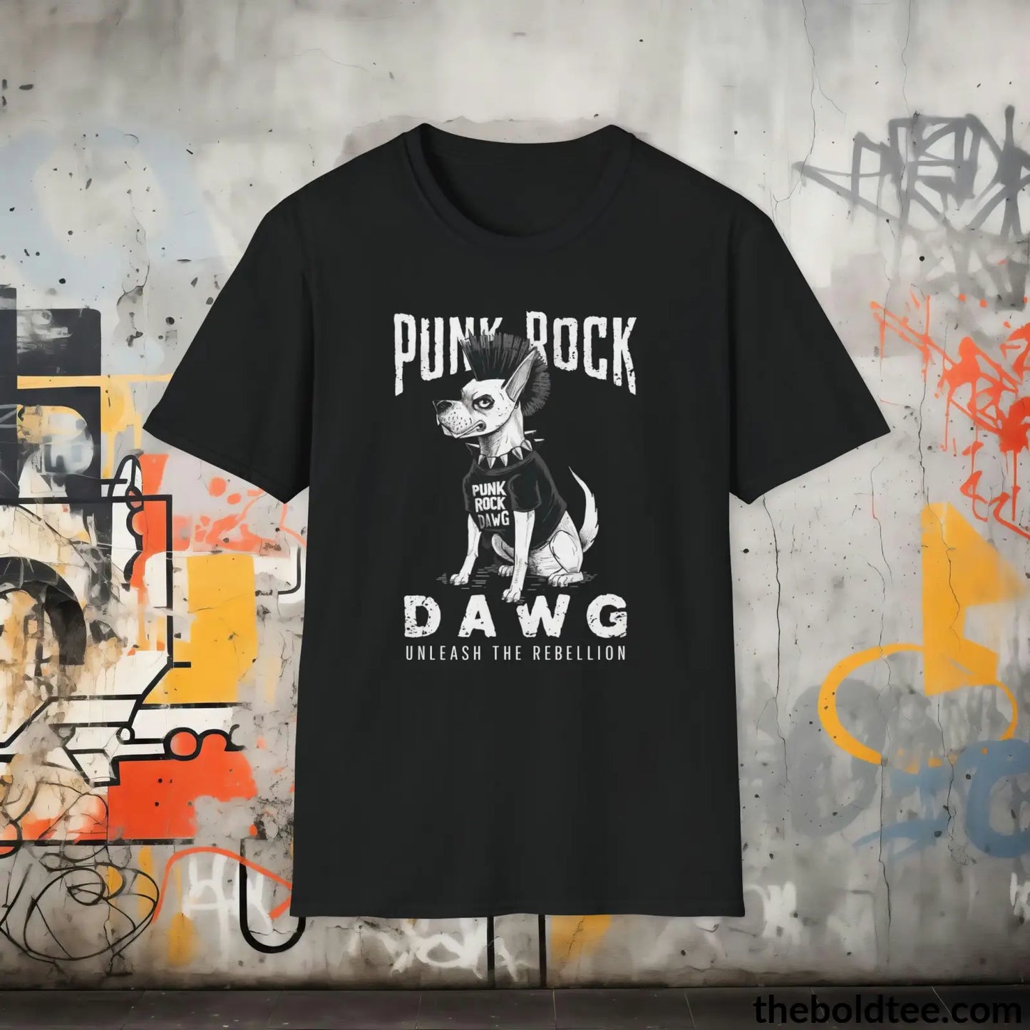 Edgy "Punk Rock Dawg" Cotton T-Shirt - Sassy, Sustainable & Soft Cotton Crewneck Tee - Iconic Gift for Friends and Family - 8 Dark Colors